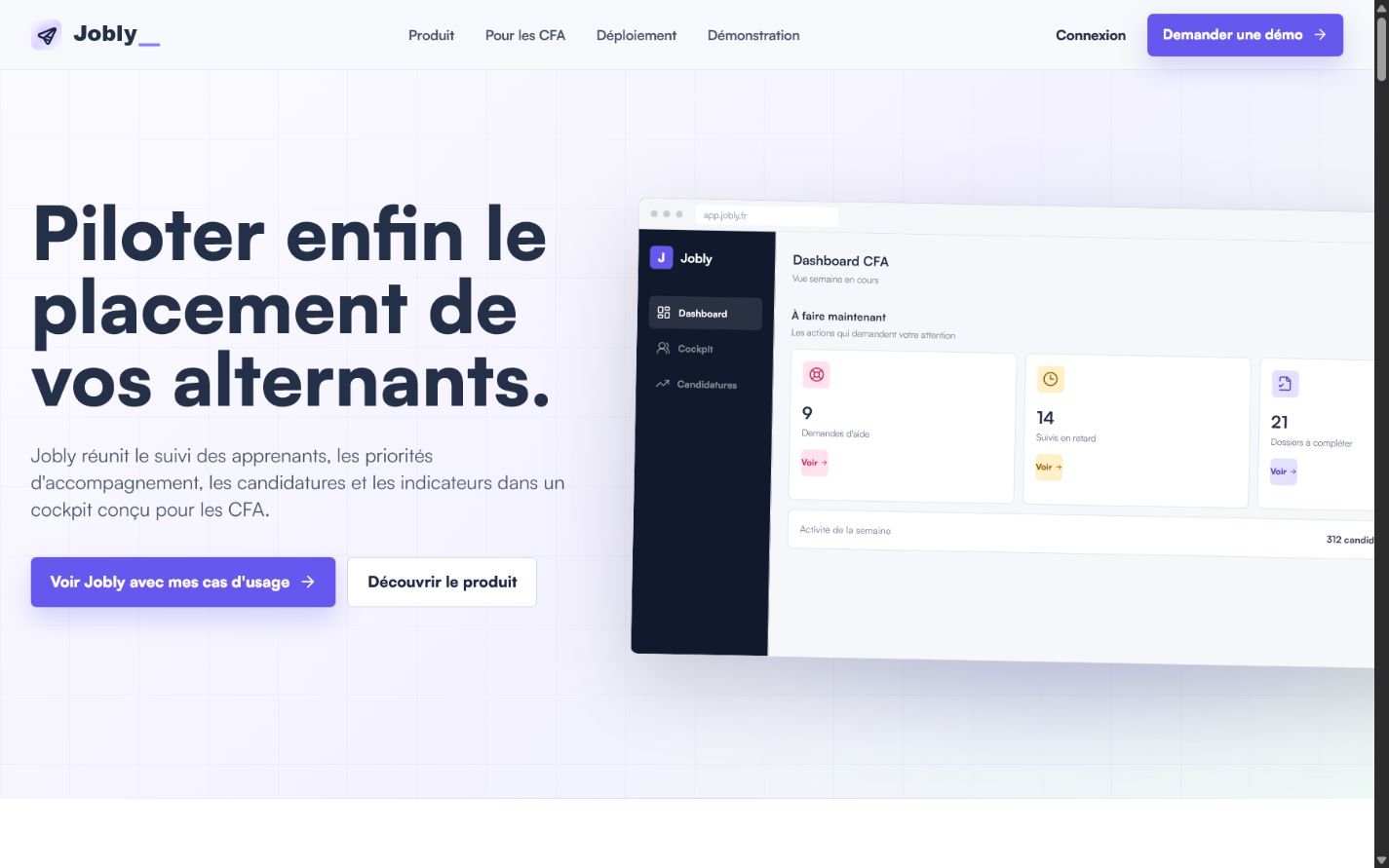 Interface de Jobly présentant le suivi et les indicateurs d'une plateforme destinée aux étudiants